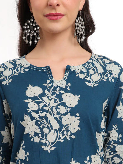 Teal Cotton Block Print Straight Kurta Set