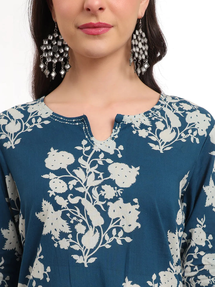 Teal Cotton Block Print Straight Kurta Set