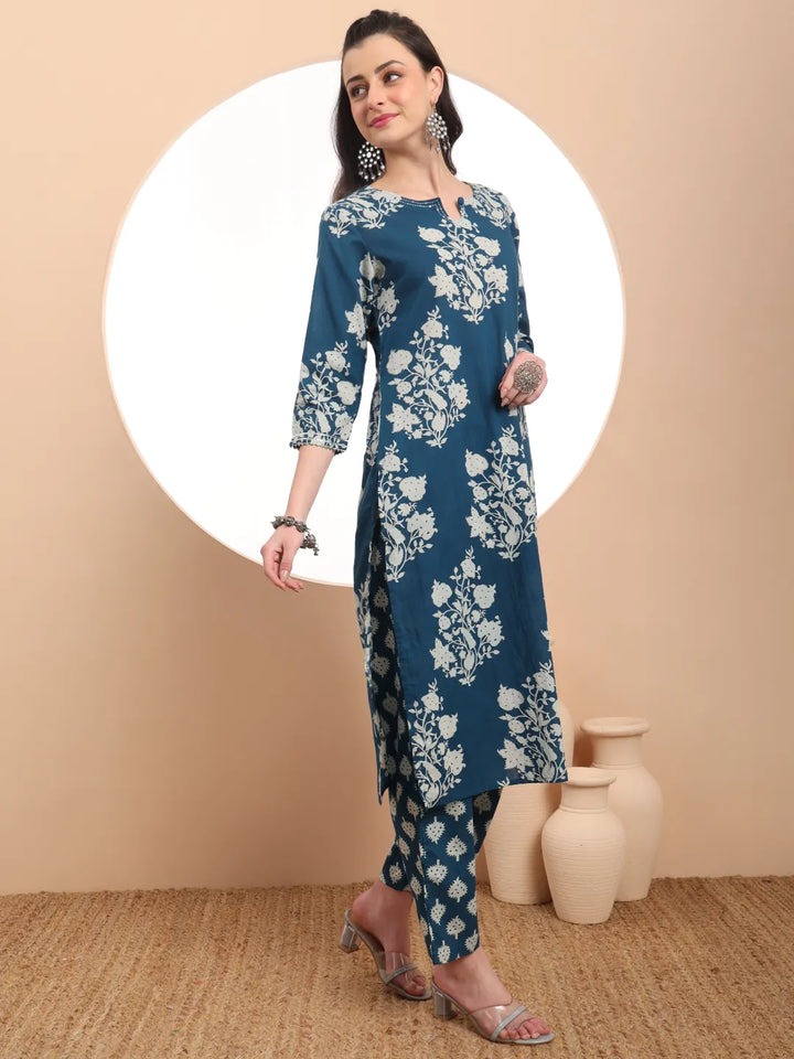 Teal Cotton Block Print Straight Kurta Set