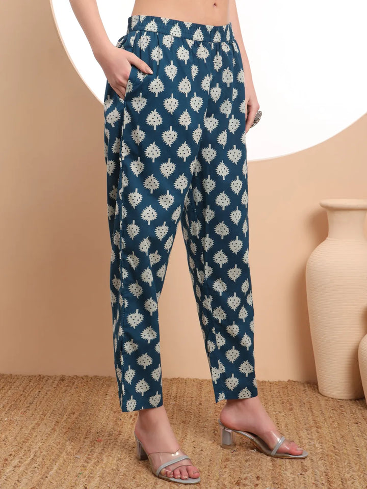 Teal Cotton Block Print Straight Kurta Set
