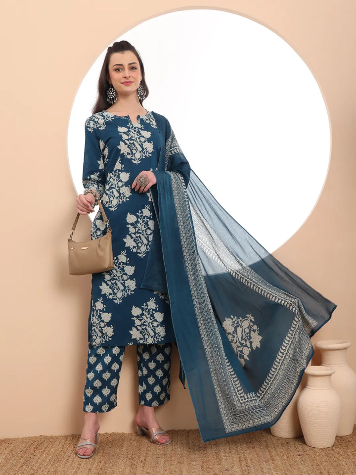 Teal Cotton Block Print Straight Kurta Set