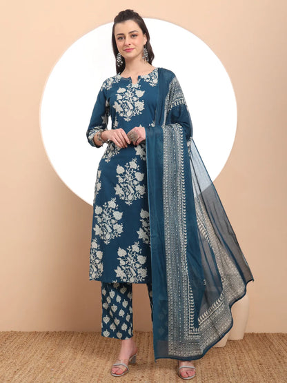 Women's Teal Cotton Teal Blue Cotton Block Print Straight Kurta Set by Yufta, suitable for wholesale buyers, boutiques, retailers, resellers and bulk fashion orders from Trendphoria