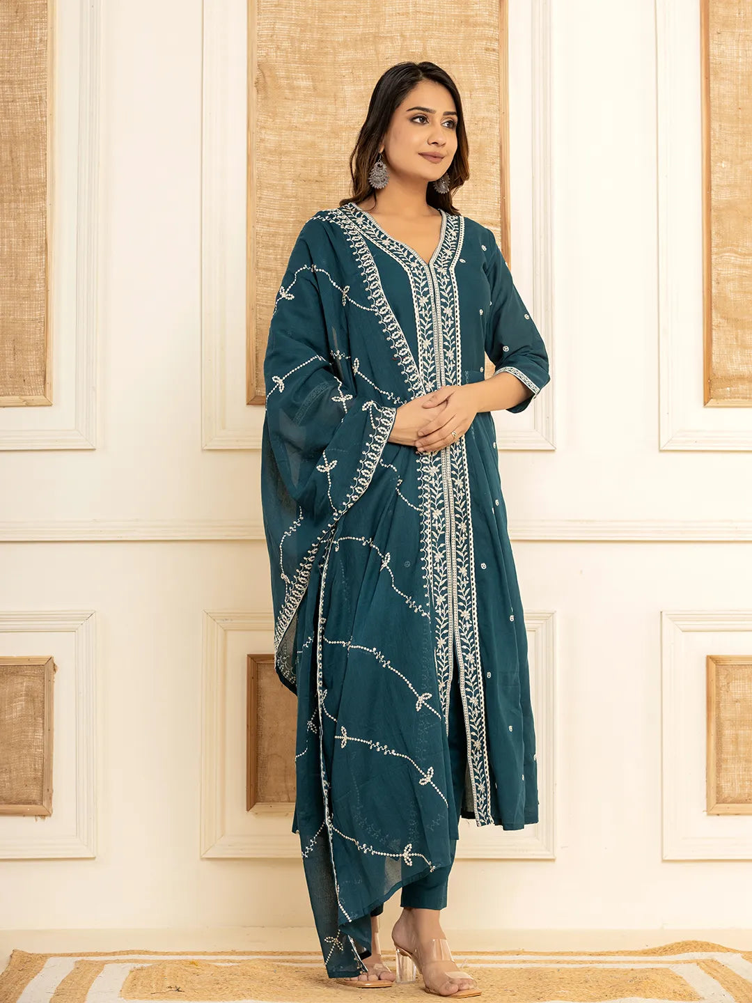 Teal Cotton Embroidered Kurta Set With Dupatta