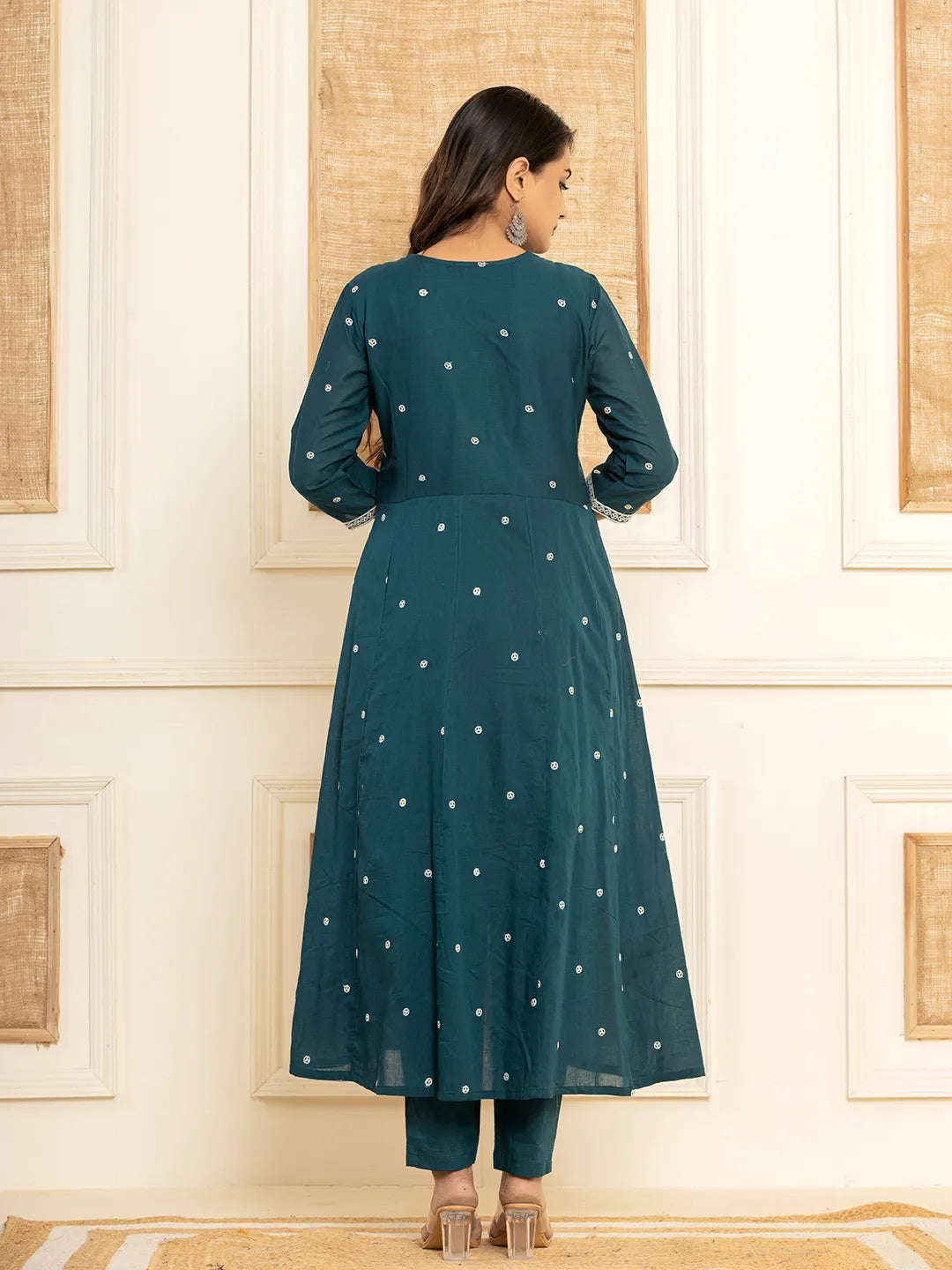 Teal Cotton Embroidered Kurta Set With Dupatta