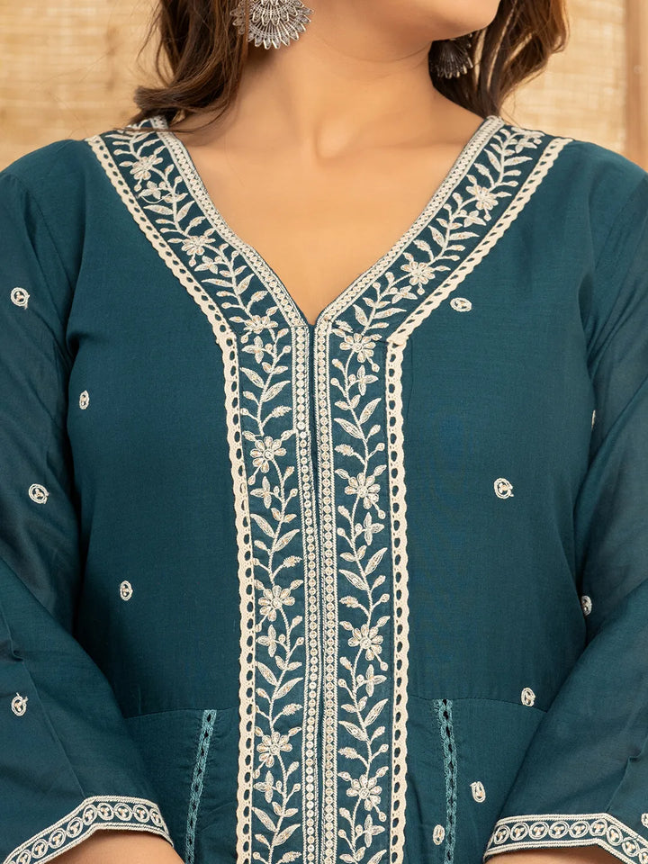 Teal Cotton Embroidered Kurta Set With Dupatta