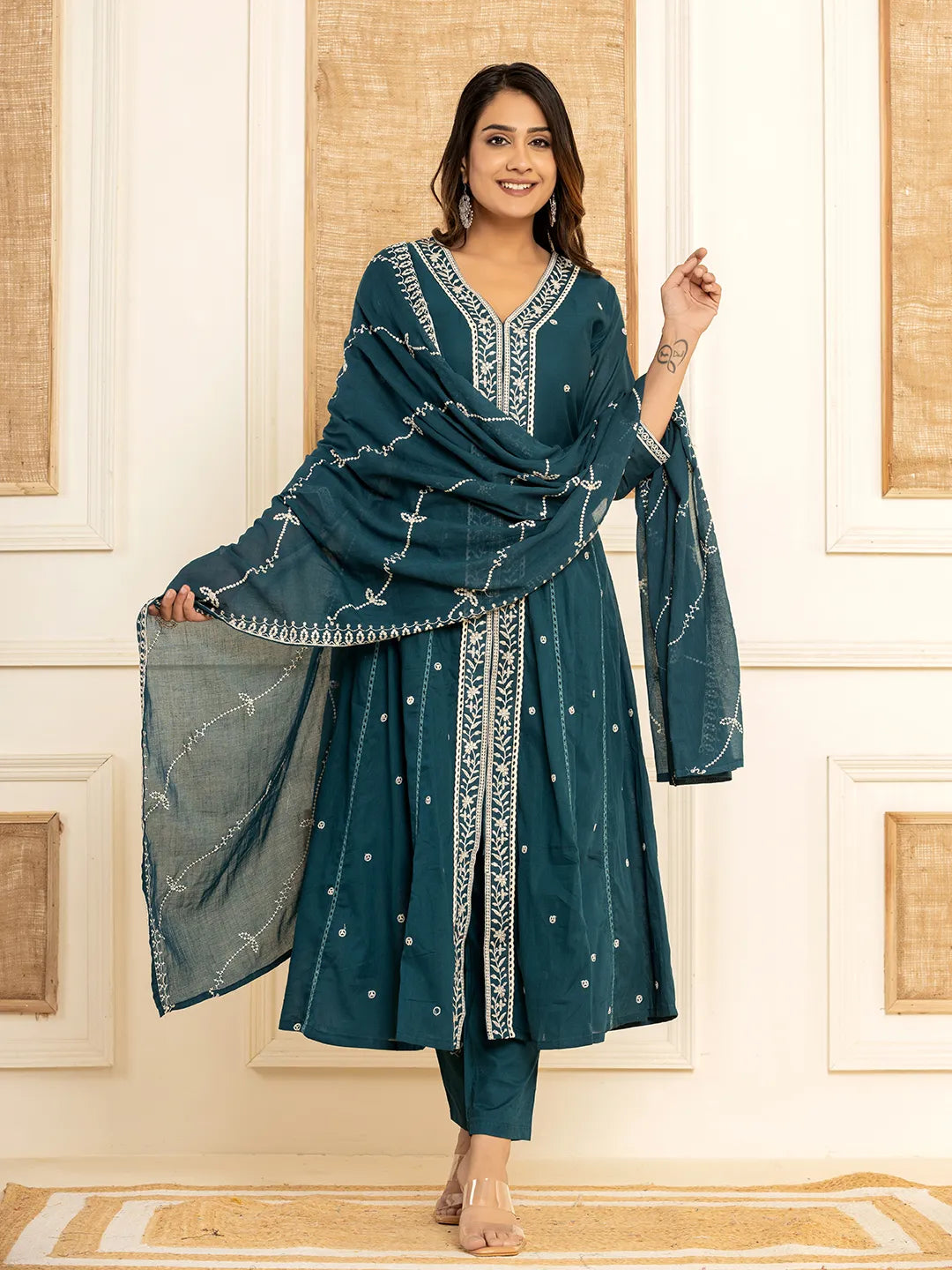 Teal Cotton Embroidered Kurta Set With Dupatta
