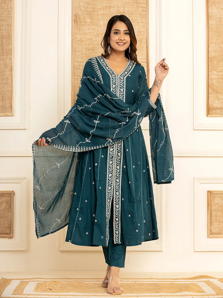 Teal Cotton Embroidered Kurta Set With Dupatta