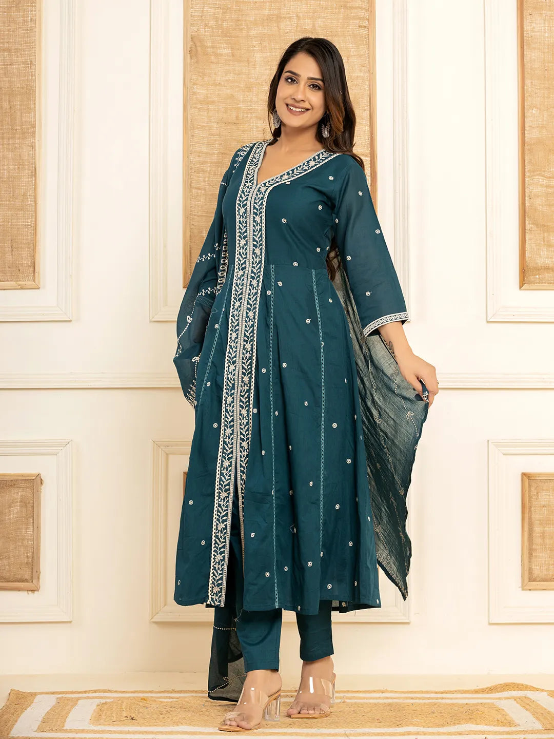 Teal Cotton Embroidered Kurta Set With Dupatta