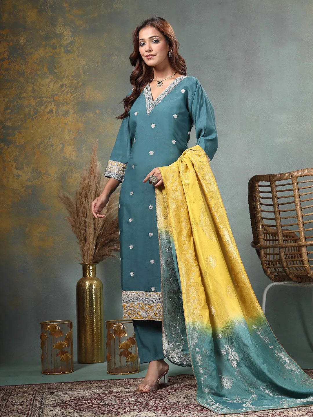 Teal Blue Dori-Embroidery Straight Silk Blend Kurta Trouser Blue And Yellow Dupatta Set