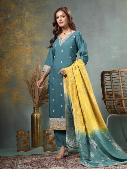 Teal Blue Dori-Embroidery Straight Silk Blend Kurta Trouser Blue And Yellow Dupatta Set