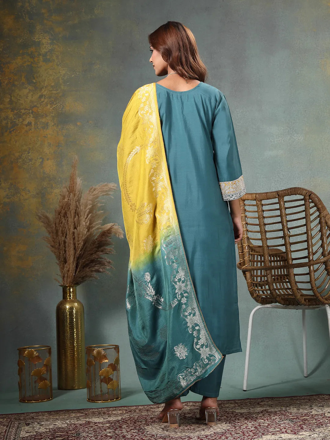 Teal Blue Dori-Embroidery Straight Silk Blend Kurta Trouser Blue And Yellow Dupatta Set