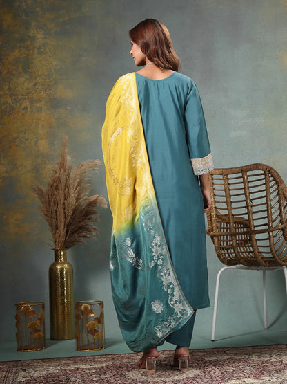 Teal Blue Dori-Embroidery Straight Silk Blend Kurta Trouser Blue And Yellow Dupatta Set