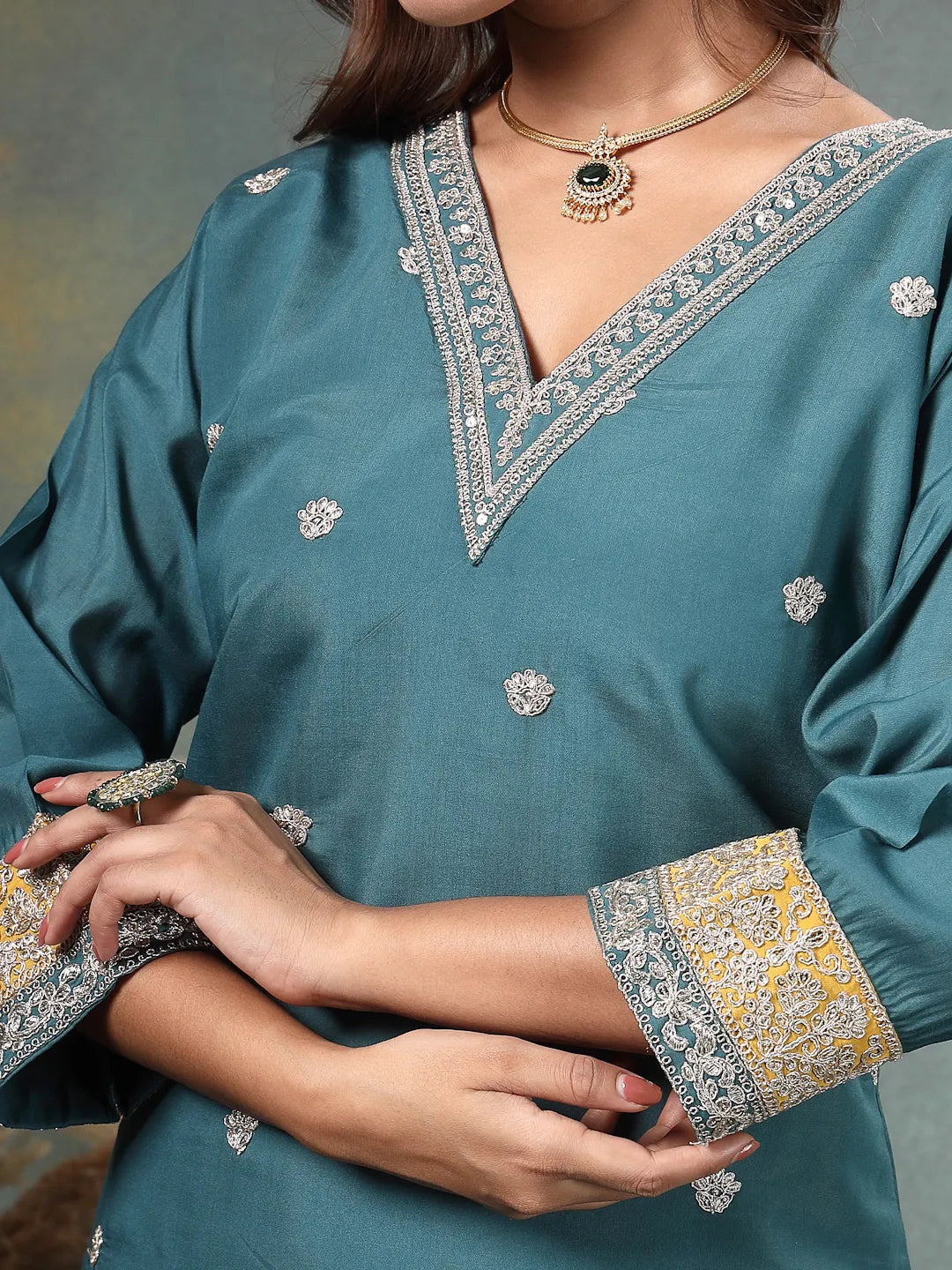 Teal Blue Dori-Embroidery Straight Silk Blend Kurta Trouser Blue And Yellow Dupatta Set