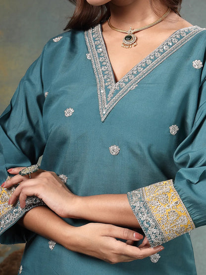 Teal Blue Dori-Embroidery Straight Silk Blend Kurta Trouser Blue And Yellow Dupatta Set