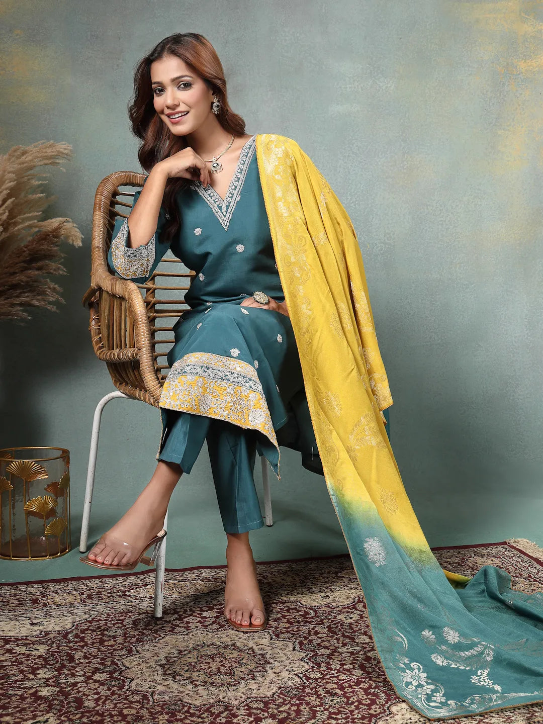 Teal Blue Dori-Embroidery Straight Silk Blend Kurta Trouser Blue And Yellow Dupatta Set