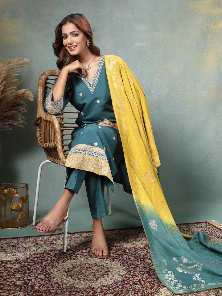 Teal Blue Dori-Embroidery Straight Silk Blend Kurta Trouser Blue And Yellow Dupatta Set