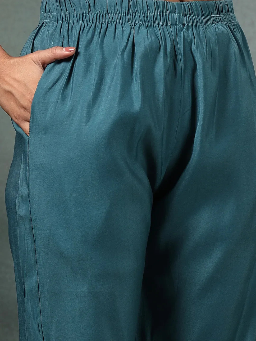 Teal Blue Dori-Embroidery Straight Silk Blend Kurta Trouser Blue And Yellow Dupatta Set