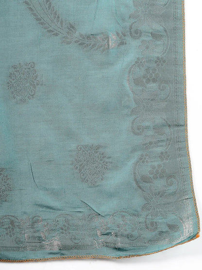 Teal Blue Dori-Embroidery Straight Silk Blend Kurta Trouser Blue And Yellow Dupatta Set