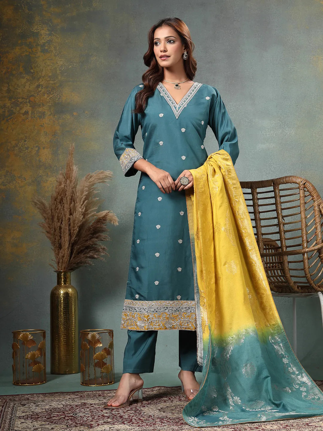 Teal Blue Dori-Embroidery Straight Silk Blend Kurta Trouser Blue And Yellow Dupatta Set