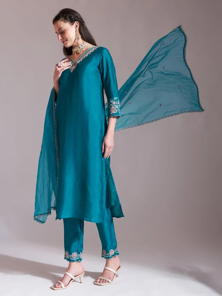 Teal Embroidered Kurta With Pant And Dupatta Comes With Cotton Lining