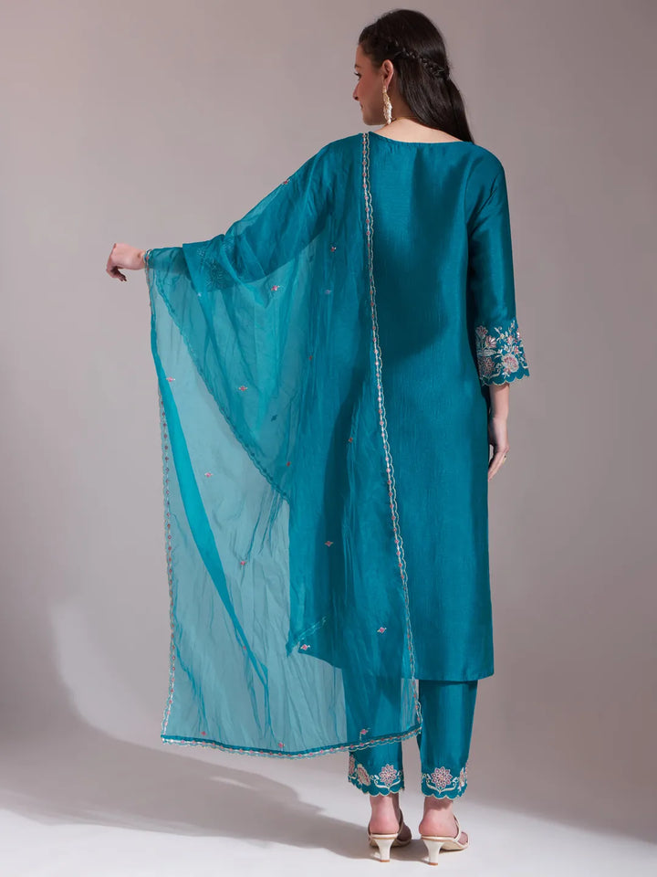 Teal Embroidered Kurta With Pant And Dupatta Comes With Cotton Lining
