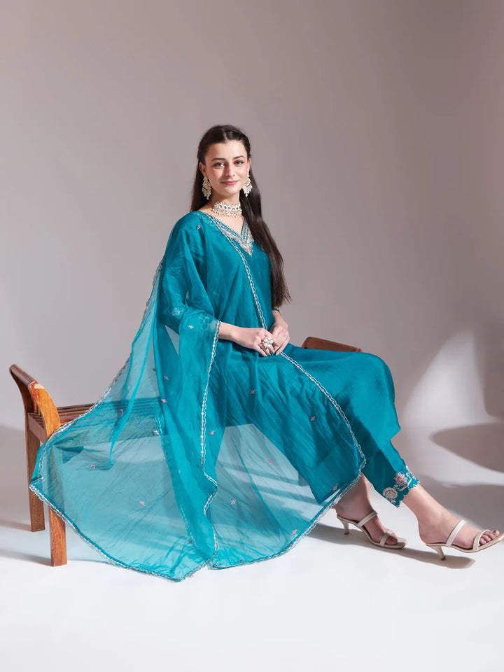 Teal Embroidered Kurta With Pant And Dupatta Comes With Cotton Lining