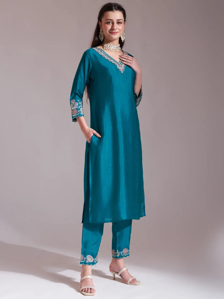 Teal Embroidered Kurta With Pant And Dupatta Comes With Cotton Lining