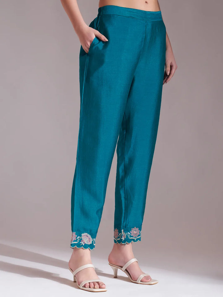 Teal Embroidered Kurta With Pant And Dupatta Comes With Cotton Lining