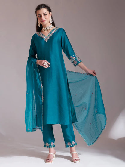 Women's Teal Cotton Teal Blue Embroidered Kurta With Pant And Dupatta Comes With Cotton Lining by Yufta, suitable for wholesale buyers, boutiques, retailers, resellers and bulk fashion orders from Trendphoria