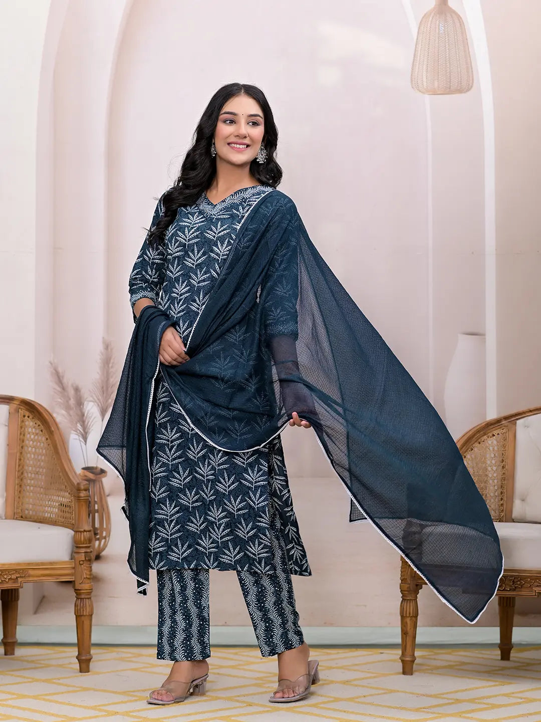 Teal Embroidered Pure Cotton Straight Kurta Dupatta Set