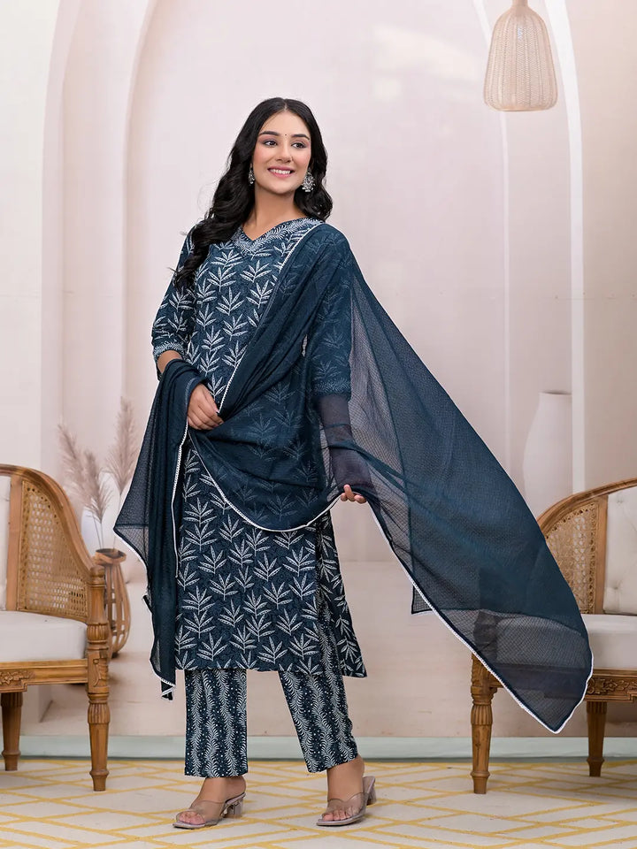 Teal Embroidered Pure Cotton Straight Kurta Dupatta Set