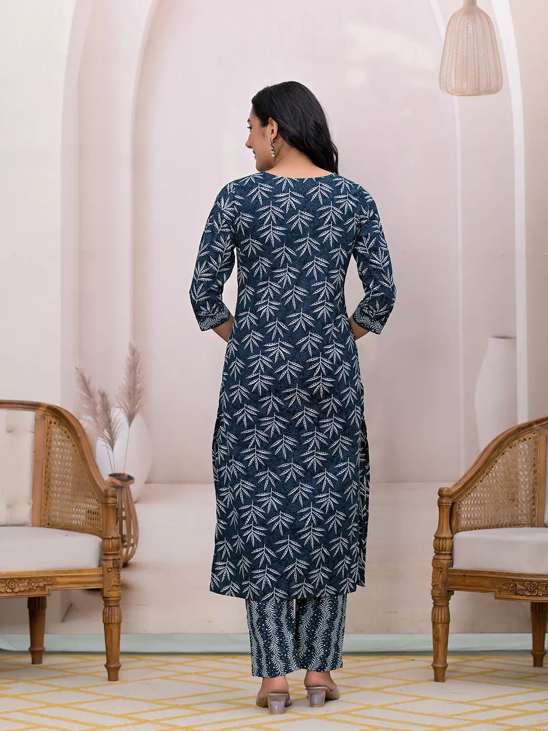 Teal Embroidered Pure Cotton Straight Kurta Dupatta Set
