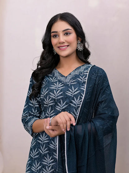 Teal Embroidered Pure Cotton Straight Kurta Dupatta Set