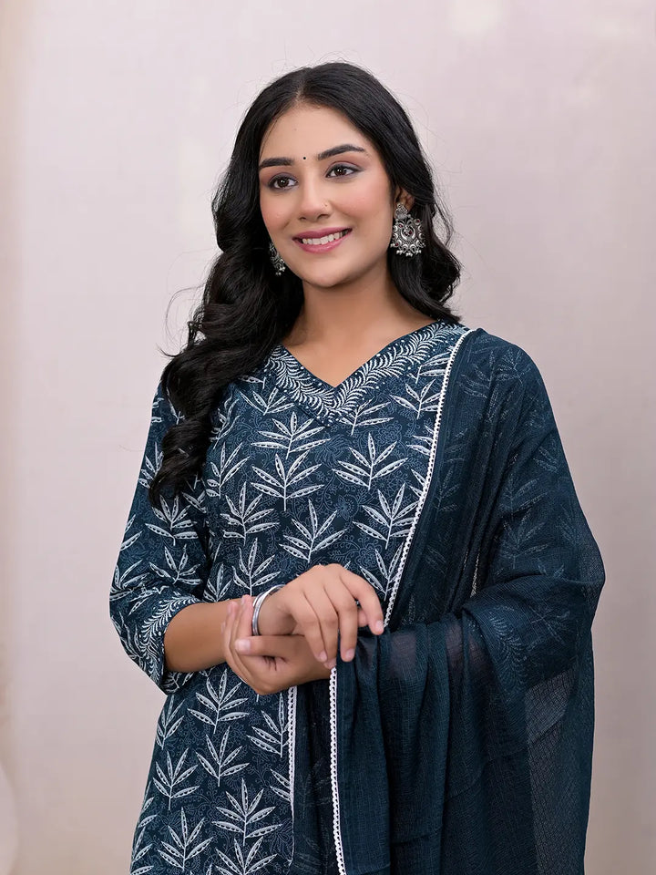 Teal Embroidered Pure Cotton Straight Kurta Dupatta Set