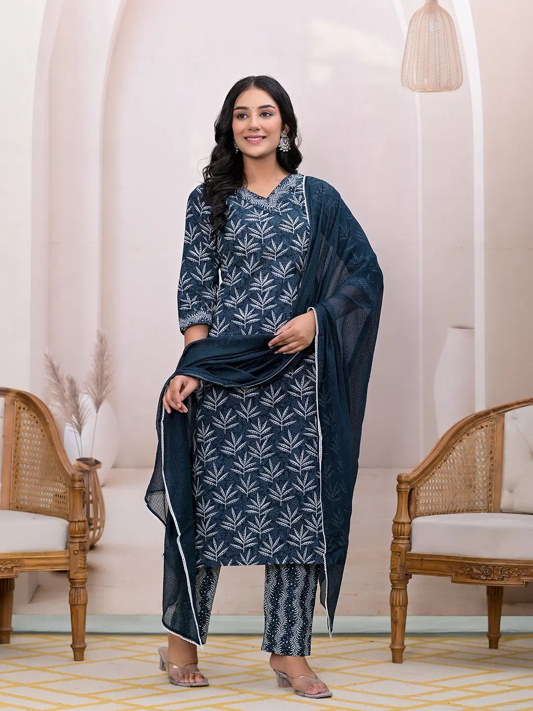 Teal Embroidered Pure Cotton Straight Kurta Dupatta Set