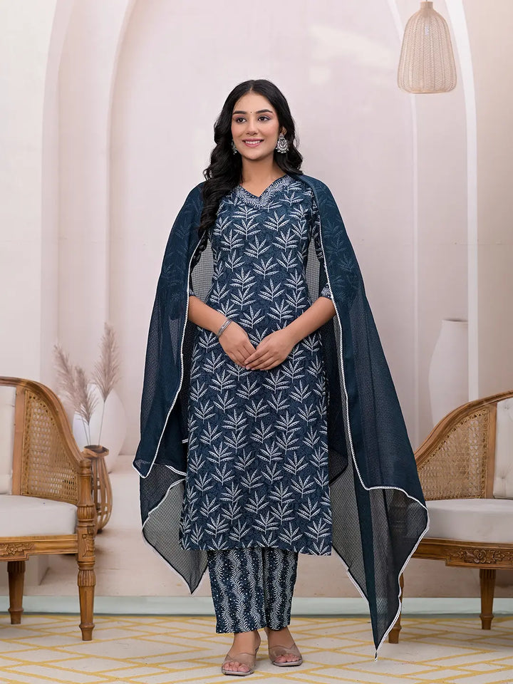 Teal Embroidered Pure Cotton Straight Kurta Dupatta Set