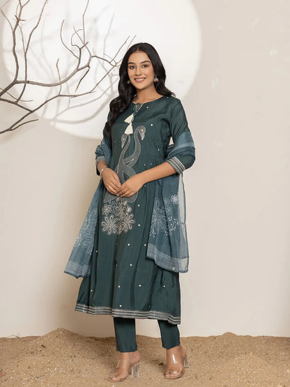 Teal Embroidery Cotton Anarkali Kurta Dupatta Set