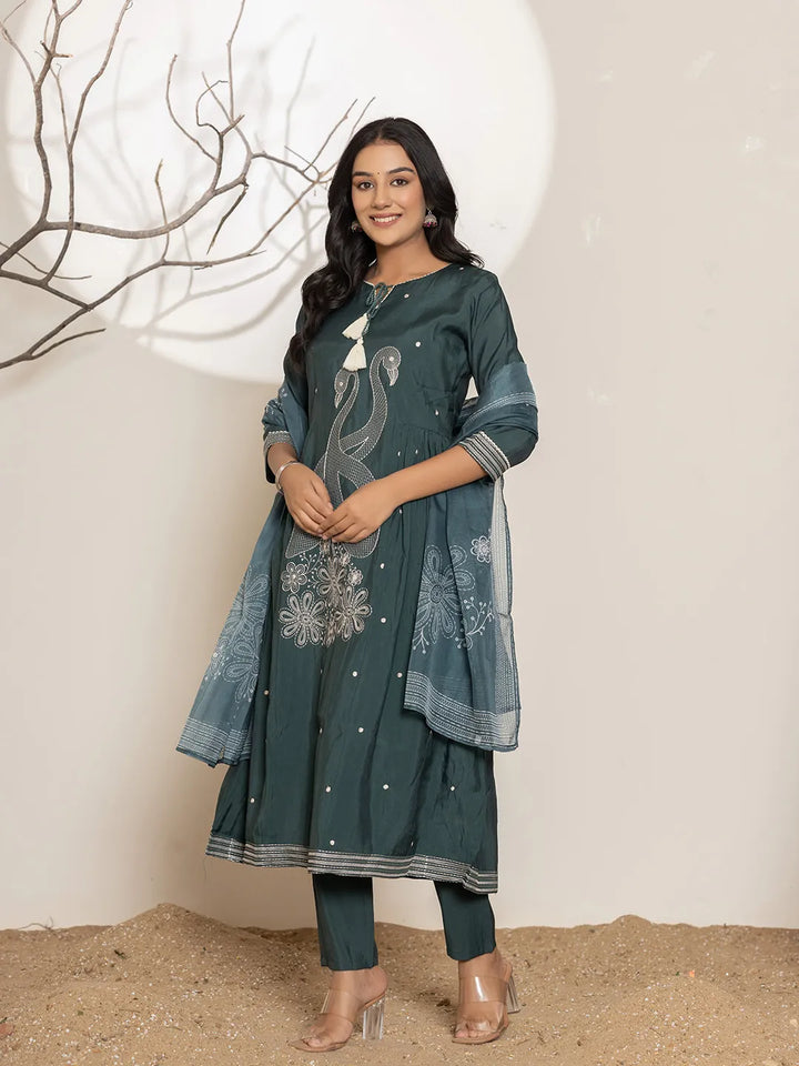 Teal Embroidery Cotton Anarkali Kurta Dupatta Set