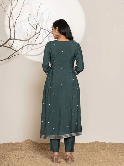 Teal Embroidery Cotton Anarkali Kurta Dupatta Set