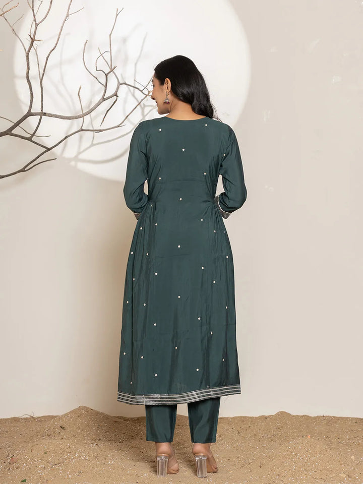 Teal Embroidery Cotton Anarkali Kurta Dupatta Set