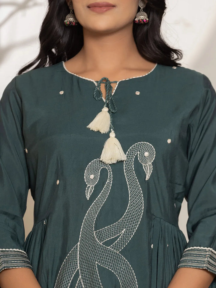 Teal Embroidery Cotton Anarkali Kurta Dupatta Set