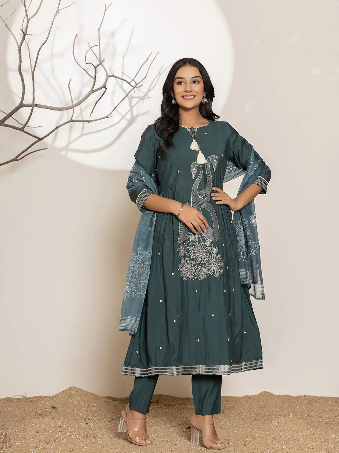 Teal Embroidery Cotton Anarkali Kurta Dupatta Set
