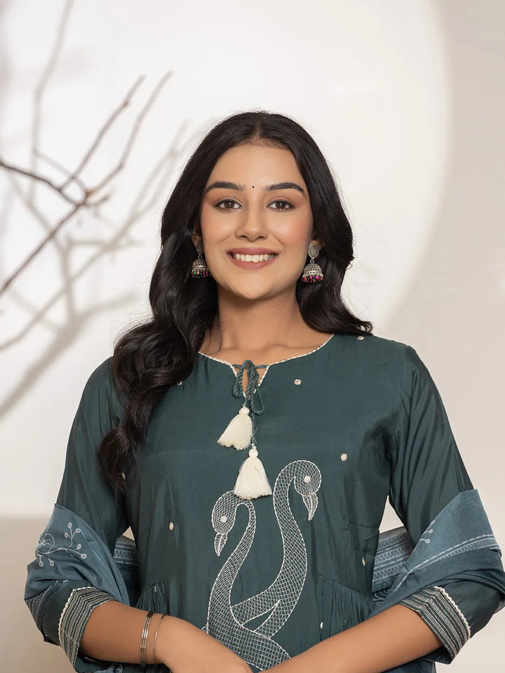 Teal Embroidery Cotton Anarkali Kurta Dupatta Set