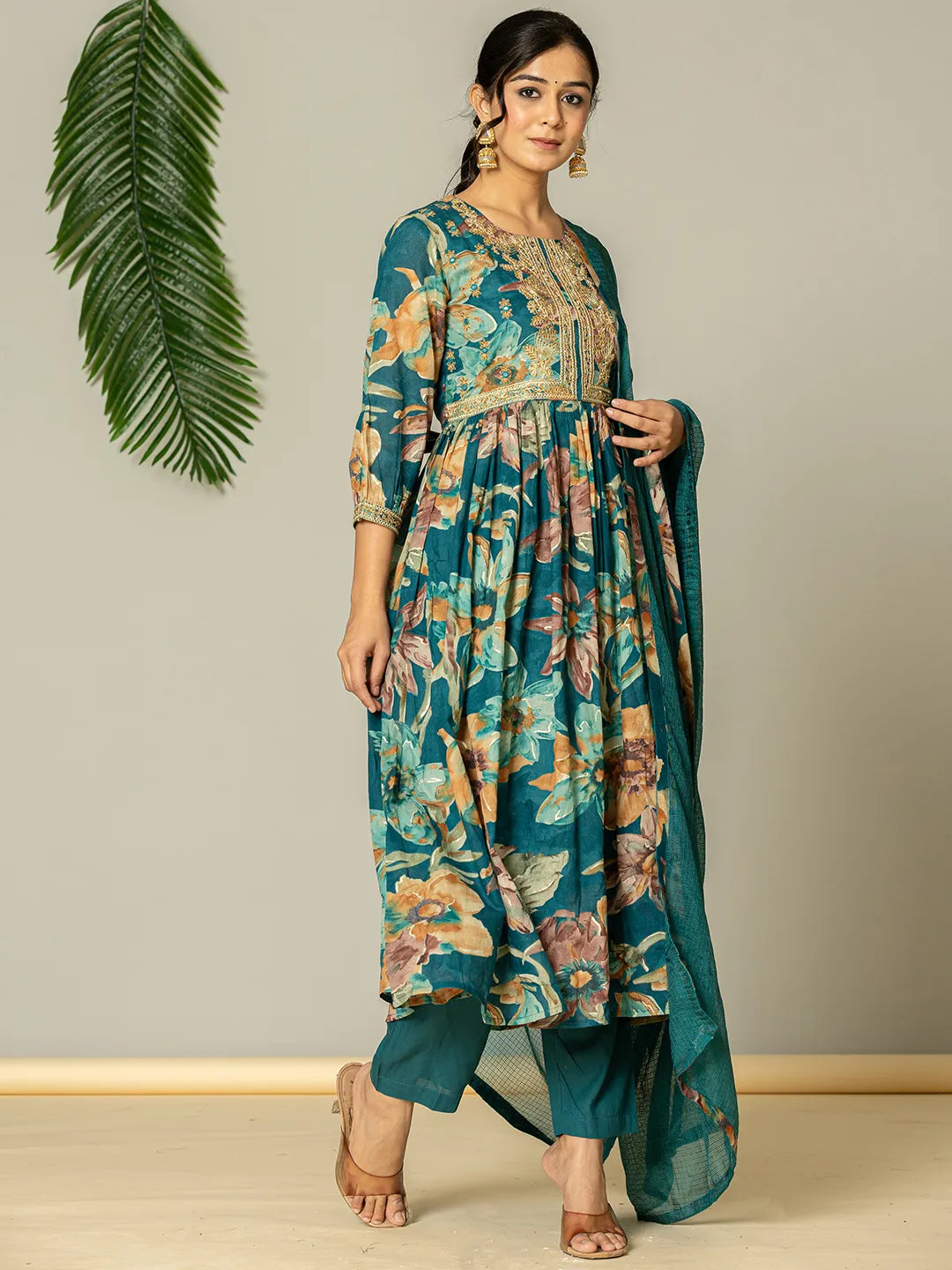 Teal Floral Print Mulmul Fit And Flare Suit Set