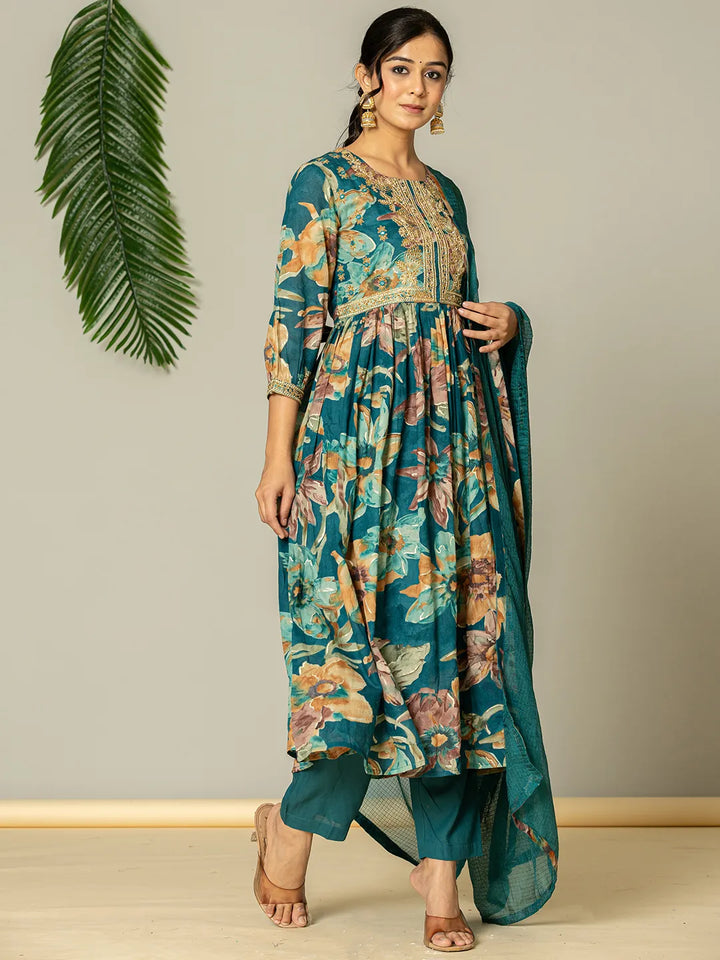 Teal Floral Print Mulmul Fit And Flare Suit Set