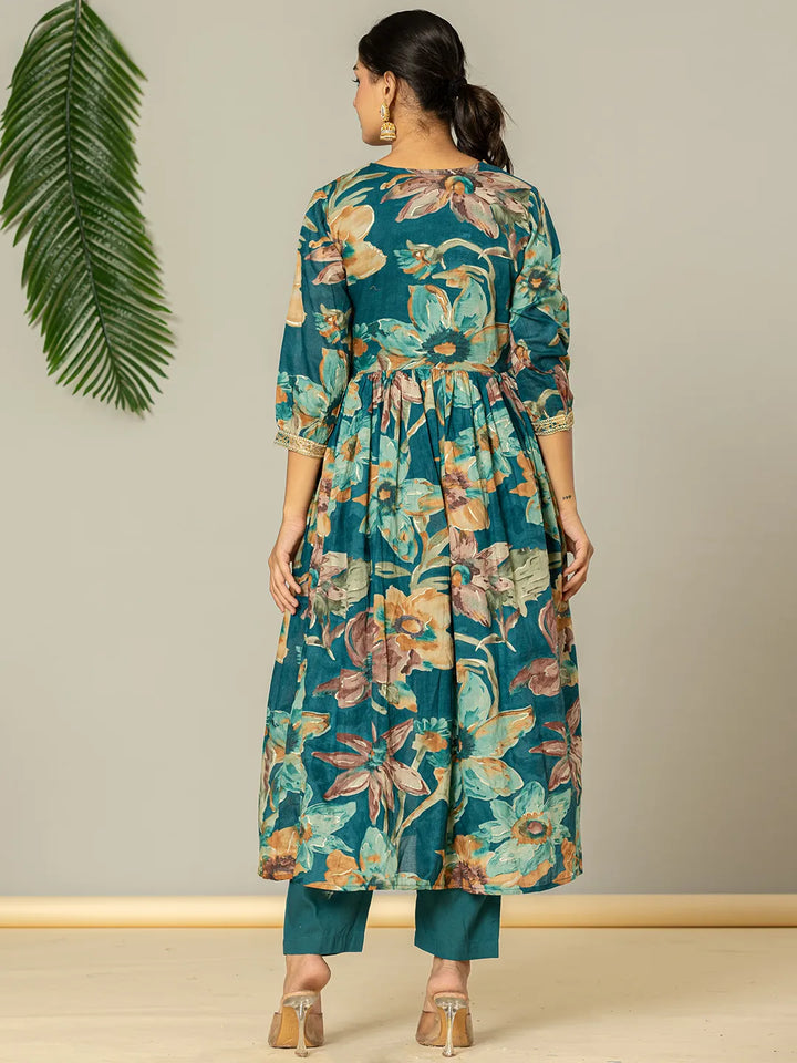 Teal Floral Print Mulmul Fit And Flare Suit Set