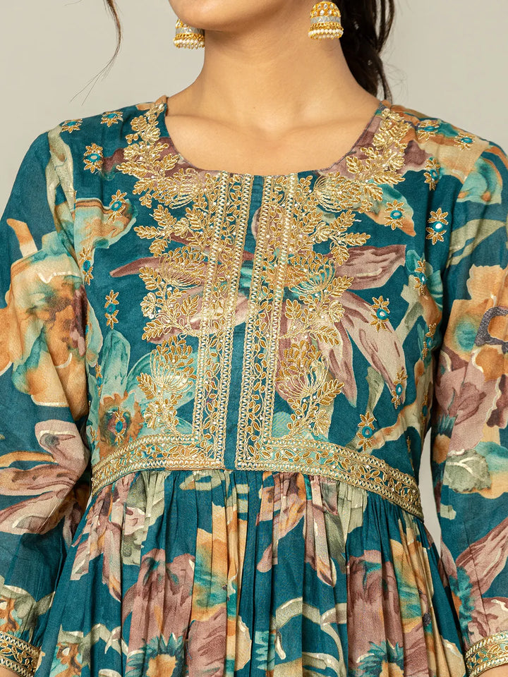 Teal Floral Print Mulmul Fit And Flare Suit Set
