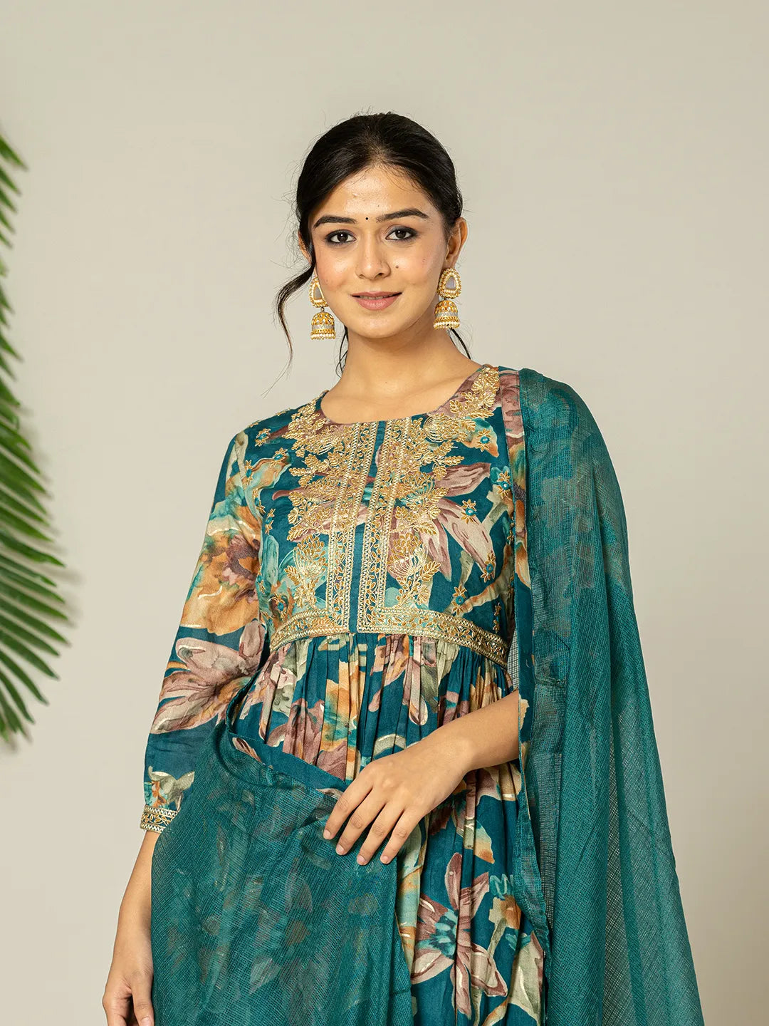 Teal Floral Print Mulmul Fit And Flare Suit Set