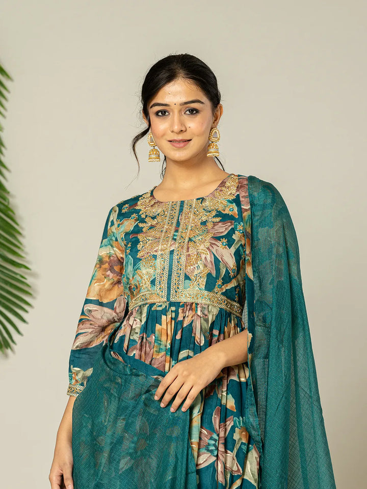 Teal Floral Print Mulmul Fit And Flare Suit Set