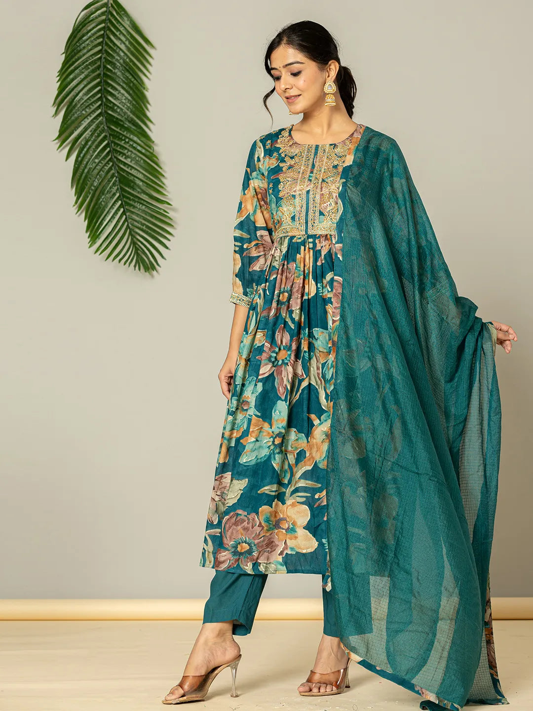 Teal Floral Print Mulmul Fit And Flare Suit Set